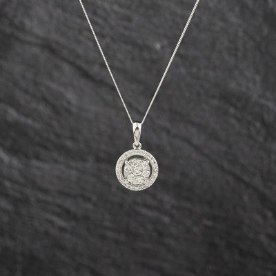Second Hand 9ct White Gold 0.50ct Brilliant Cut Diamond Halo Cluster Pendant & 18 Inch Curb Chain 43141326