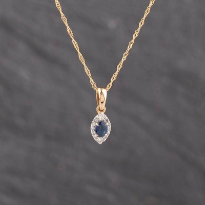 Second Hand 14ct Yellow Gold 0.25ct Sapphire & 0.10ct Diamond Marquise Shape Gemstone Pendant & 18 Inch Twist Chain 43141356