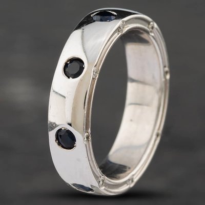 Second Hand 14ct White Gold Sapphire & Brilliant Cut Diamond Set Gents D Shape Band Ring 43151007