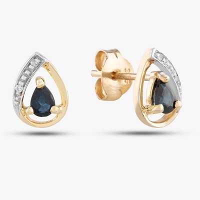 Second Hand 9ct Yellow Gold 0.12ct Sapphire & 0.05ct Brilliant Cut Diamond Pear Shaped Stud Earrings