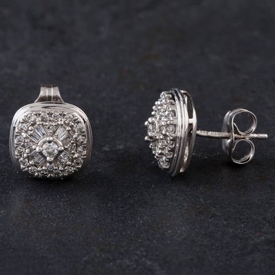 Second Hand 9ct White Gold 0.33ct Diamond Baguette And Brilliant Pave Set Stud Earrings 4317097