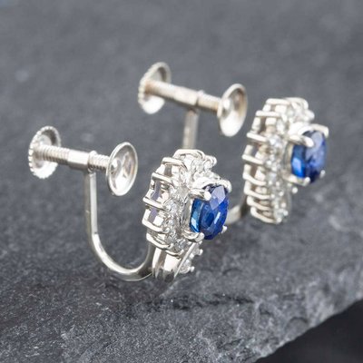 Second Hand Platinum 0.90ct Oval Cut Sapphire & 0.22ct Brilliant Cut Diamond Stud Earrings 43171038