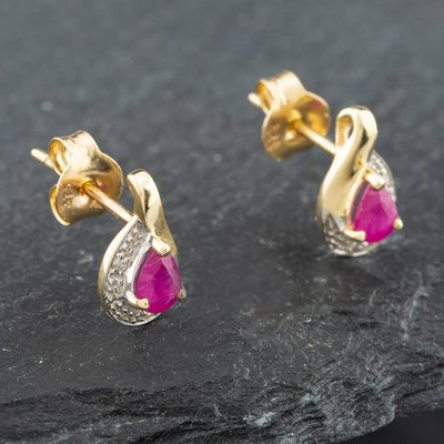 Second Hand Yellow Gold 0.34ct Pear Shaped Ruby & Diamond Stud Earrings