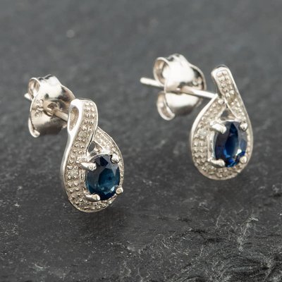Second Hand White Gold 0.43ct Oval Cut Sapphire & 0.03ct Diamond Swirl Stud Earrings