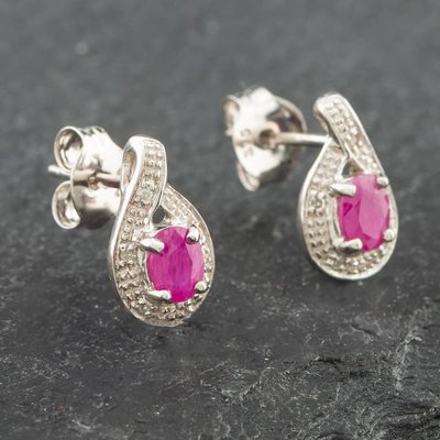 Second Hand White Gold 0.38ct Oval Cut Ruby & 0.03ct Diamond Swirl Stud Earrings