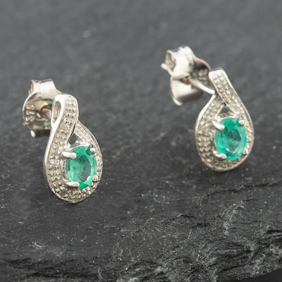 Second Hand White Gold 0.30ct Oval Cut Emerald & 0.03ct Diamond Swirl Stud Earrings