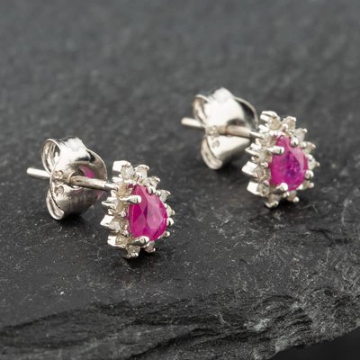 Second Hand White Gold 0.38ct Pear Cut Ruby & 0.09ct Brilliant Cut Diamond Cluster Stud Earrings