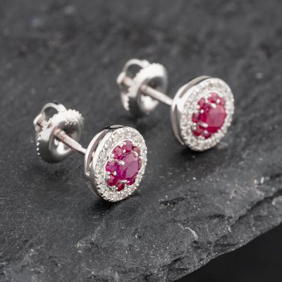 Second Hand 14ct White Gold 0.60ct Ruby & 0.25ct Brilliant Cut Diamond Round Cluster Stud Earrings 43171223