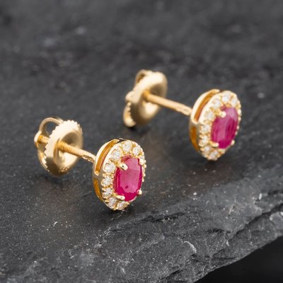 Second Hand 14ct Yellow Gold 0.60ct Ruby & 0.25ct Diamond Oval Cluster 7mm Stud Earrings 43171231