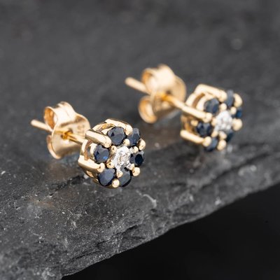 Second Hand 9ct Yellow Gold 0.53ct Sapphire & Diamond Flower Cluster Stud Earrings 43171266