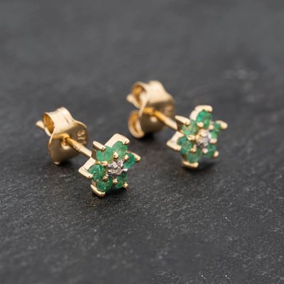 Second Hand 9ct Yellow Gold 0.28ct Emerald & Diamond Flower Cluster Stud Earrings