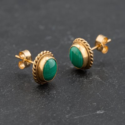 Second Hand 9ct Yellow Gold 10mm Green Malachite Oval Stud Earrings