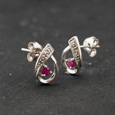 Second Hand 9ct White Gold 0.06ct Ruby & 0.01ct Diamond Swirl 11.3mm Stud Earrings 43171464