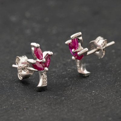 Second Hand 9ct White Gold 0.24ct Ruby & 0.02ct Diamond Marquise Shaped Flower 11.4mm Stud Earrings 43171467