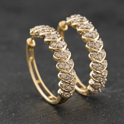 Second Hand 9ct Yellow Gold 1.02ct Brilliant Cut Diamond Hearts Design 25mm Hoop Earrings 43171475