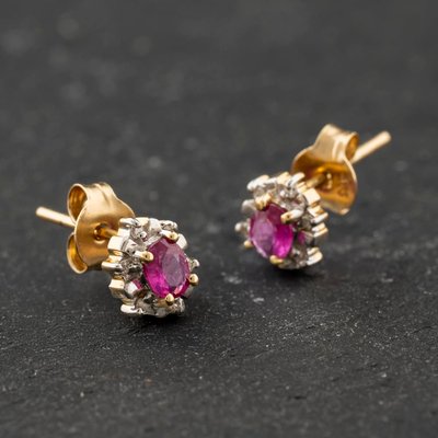 Second Hand 9ct Yellow Gold 0.96ct Ruby & 0.09ct Diamond Oval Stud Earrings 43171477