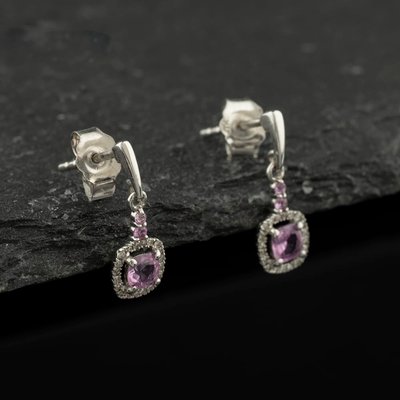 Second Hand 9ct White Gold 0.50ct Diamond & 0.06ct Pink Sapphire Square Cluster Dropper Earrings 43171508