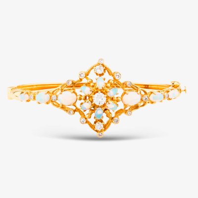 Second Hand 9ct Yellow Gold Opal & Brilliant Cut Diamond Ornate Cluster 20cm Hinged Bangle 43211003