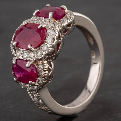 Second Hand 14ct White Gold 3.30ct Ruby & 0.50ct Diamond Triple Cluster Ring 4335064
