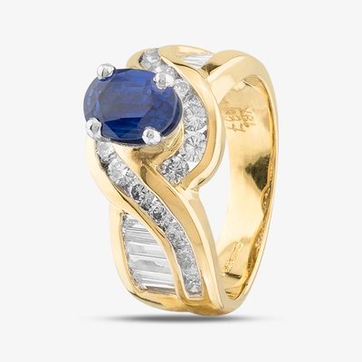 Second Hand 14ct Yellow Gold 1.27ct Oval Cut Sapphire & 1.20ct Diamond Twist Cluster Ring 43361056