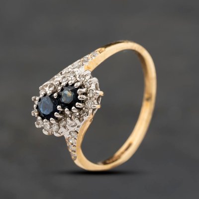Second Hand 9ct Yellow Gold Sapphire & 0.13ct Diamond Twist Cluster Ring 43361212