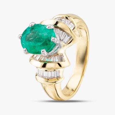 Second Hand 14ct Yellow Gold 2.13ct Oval Cut Emerald & 0.80ct Baguette Cut Diamond Set Shoulders Dress Ring 43371022