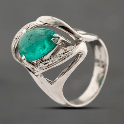 Second Hand Platinum 2.95ct Cabochon Cut Emerald & 0.08ct Diamond Tear Drop Dress Ring 43371067