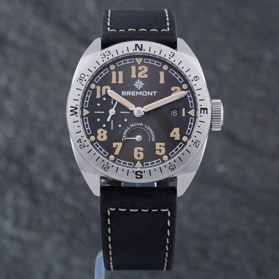 Second Hand Bremont Mens Terra Nova Turning Bezel Power Reserve Black Leather Strap Watch TN40-PWR-SS-BK-L-S