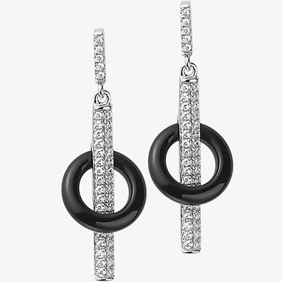 Silver Onyx Circle Cubic Zirconia Dropper Earrings
