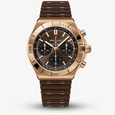 Breitling Mens Chronomat B01 42 Brown Dial 18ct Rose Gold Rubber Strap Watch RB0158101Q1S1