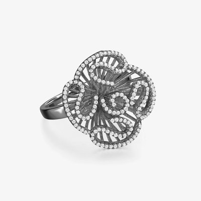 Cascade Sterling Silver Cubic Zirconia Black Flower Ring (M)
