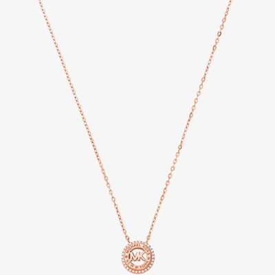 Michael Kors Ladies Premium Rose Gold Plated Cubic Zirconia Circle Logo Pendant Necklace
