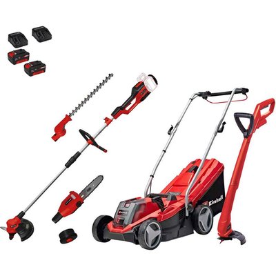 Einhell GE-CM 18v Cordless Rotary Lawnmower, Grass Trimmer and Multi Tool Kit 2 x 4ah Li-ion Battery Charger