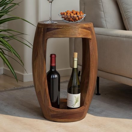 FineBuy Beistelltisch Sheesham Massivholz rund 30cm · Kleiner Runder Couchtisch mit offenem Fach · Handgefertigter Wohnzimmertisch im modernen Design aus Echtholz