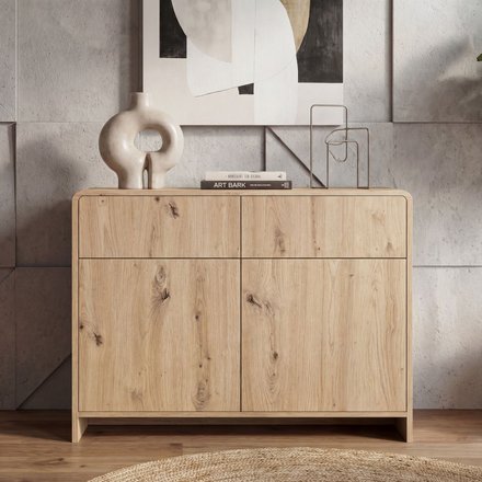 FineBuy Sideboard Eiche Dekor 88cm - Kommode mit 2 Türen und 2 Schubladen - Design Anrichte Grifflos Push to Open Modern