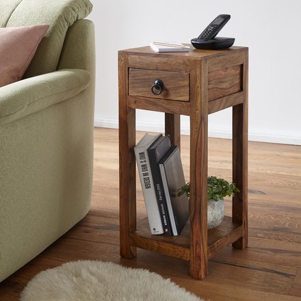 FineBuy Beistelltisch Massivholz Sheesham 30x30x68 cm Wohnzimmertisch mit Schublade, Design Couchtisch Naturprodukt Wohnzimmermöbel modern Echtholz