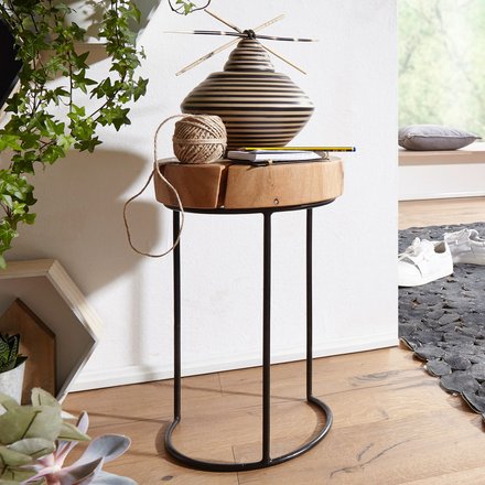 FineBuy Beistelltisch Massiv-Holz Wohnzimmer-Tisch Metallbeine Landhaus-Stil Baumstamm-Form Echt-Holz Farbe wählbar
