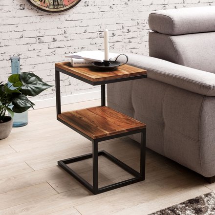 FineBuy Beistelltisch S-Form Massivholz / Metall 45 x 60 x 30 cm, Design Wohnzimmertisch Landhaus-Stil, Anstelltisch Ablagetisch eckig