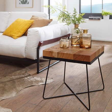 FineBuy Beistelltisch 45 x 45 x 51 cm Akazie Massivholz mit Metallgestell, Industrial Anstelltisch Quadratisch Massiv Holz Tisch Braun, Wohnzimmertisch Modern Holztisch mit Metallbeinen