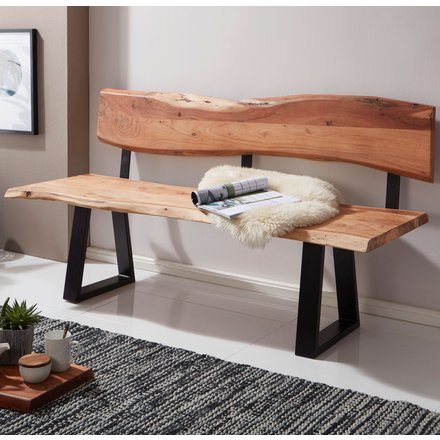 FineBuy Esszimmerbank TREE 180x85,5x60 cm Akazie Massivholz Bank mit Baumkante, Sitzbank Holzbank mit Lehne, Küchenbank Essbank Holz Landhausstil, Baumstamm Küchensitzbank 4 Sitzer Massiv