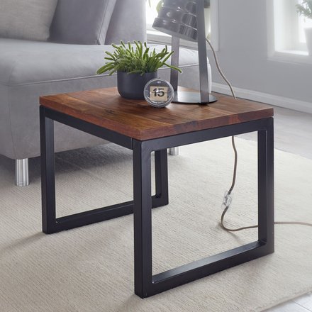 FineBuy Beistelltisch 45x40x45 cm Sheesham Massivholz / Metall Wohnzimmertisch, Industrial Style Designer Holztisch, Tisch Wohnzimmer, Kleiner Couchtisch Massiv