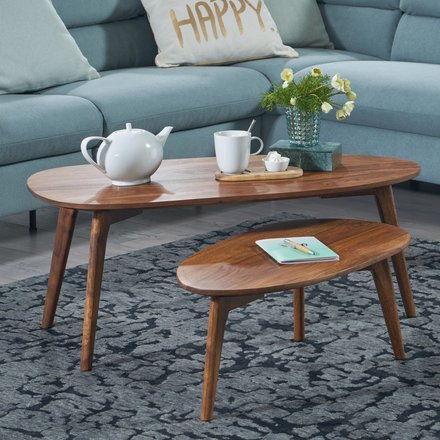 FineBuy Couchtisch Set 2er nierenförmig Mango Massivholz · Beistelltisch Wohnzimmertisch Retro Design · Satztische im Mid-Century Look mit Holzgestell