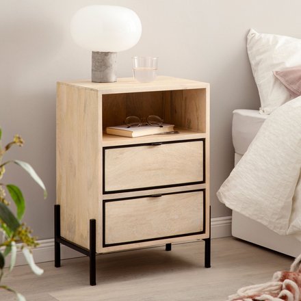 FineBuy Nachttisch aus Mango Whitewash Massivholz mit Ablage & 2 Schubladen – Nachtkonsole im Industrial Natur Design für Boxspringbetten, Nachtschrank mit Stauraum – Nachtkästchen 43x60x30 cm
