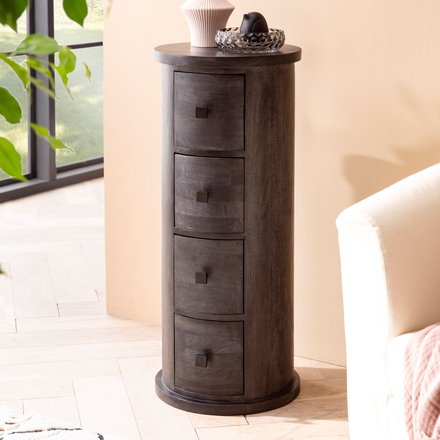 FineBuy Design Sideboard Mango Massivholz Schwarz, Schränkchen mit Schubladen, Schmaler Beistellschrank Massiv, Mini Kommode Rund