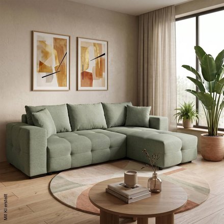 Ecksofa mit Bettfunktion und Bettkasten salbei Webstoff