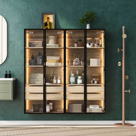 Badezimmerschrank 74x36x155 cm LED-Beleuchtung Schwarz, 2 Schubladen, 2 Türen, Staubgeschütztes Display, Milchglas, 74 x 36 x 155 cm Aosom.de
