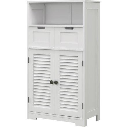 Kleankin Badezimmerschrank auf dem Boden stehend, Stauraummöbel, höhenverstellbares Regal, platzsparender Schrank, 2 Türen, 2 Schubladen, Fach, 61 x 30,5 x 109,5 cm, weiß Aosom