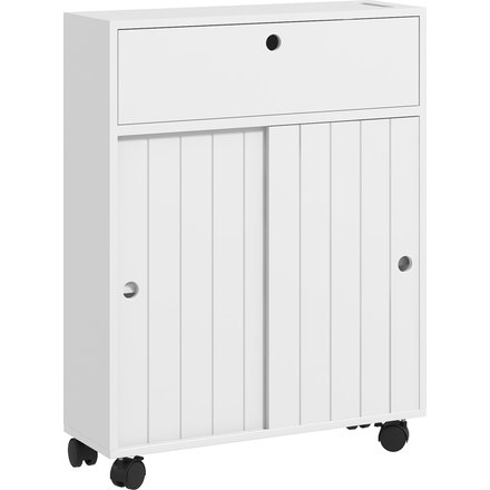 kleankin Badezimmer Aufbewahrungsschrank, WC-Schrank für Toilettenpapier mit Schiebetüren, mehreren Fächern, auf Rollen, Toilettenmöbel, 52 x 17 x 67 cm, weiß Aosom