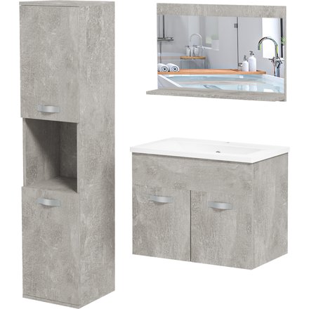 Kleankin 3-teiliges Badezimmermöbel-Set Waschtischmöbel mit Spiegelregal + Waschbeckenmöbel + wandmontierte Badschranksäule, grau Aosom