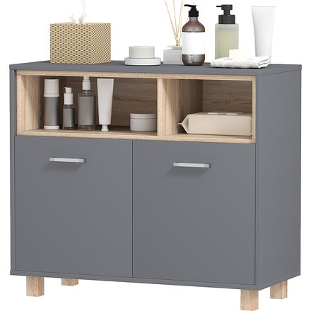 HOMCOM Badezimmerschrank Aufbewahrung, modernes Design mit offenen Fächern und Doppeltüren, Badezimmerschrank, Wohnzimmer, Küche - 80 B x 35 T x 70 H cm, Grau Aosom